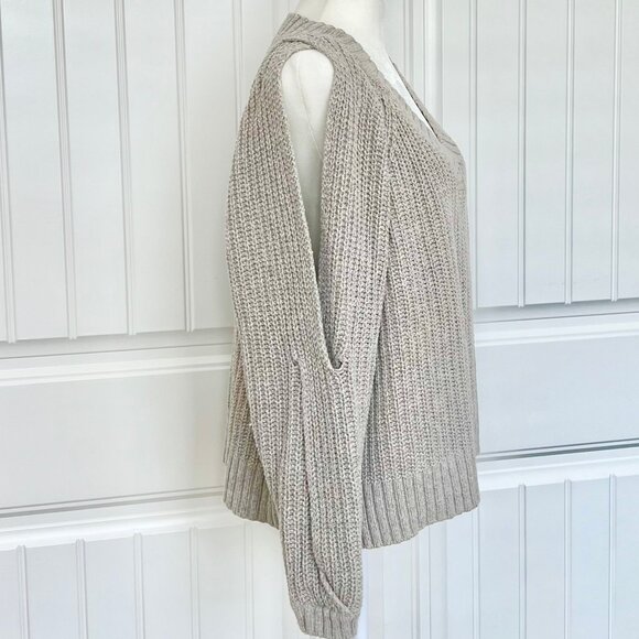 LEITH Nordstrom Chunky Taupe Wool Blend Knit Double Cutout Long Sleeve Sweater - Picture 6 of 10